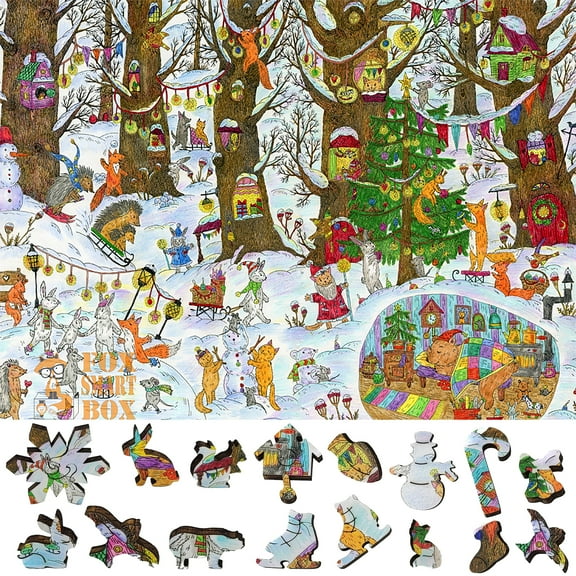 Wooden Jigsaw Puzzles for Adults with Uniquely Shaped Pieces - made in USA by FoxSmartBox - 245 Pieces - Fairy Forest. Winter