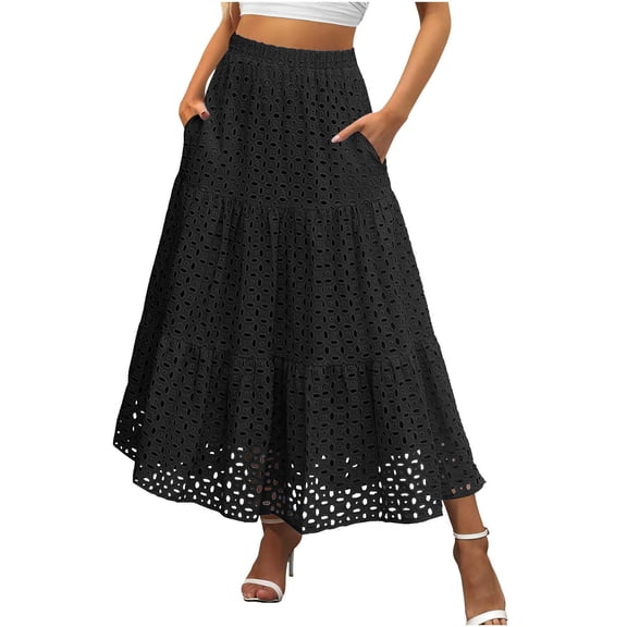 LWavelet Women Eyelet Embroidery Tiered Midi Skirt Elastic High Waist With Pockets Cute Summer Skirt Black 2XL