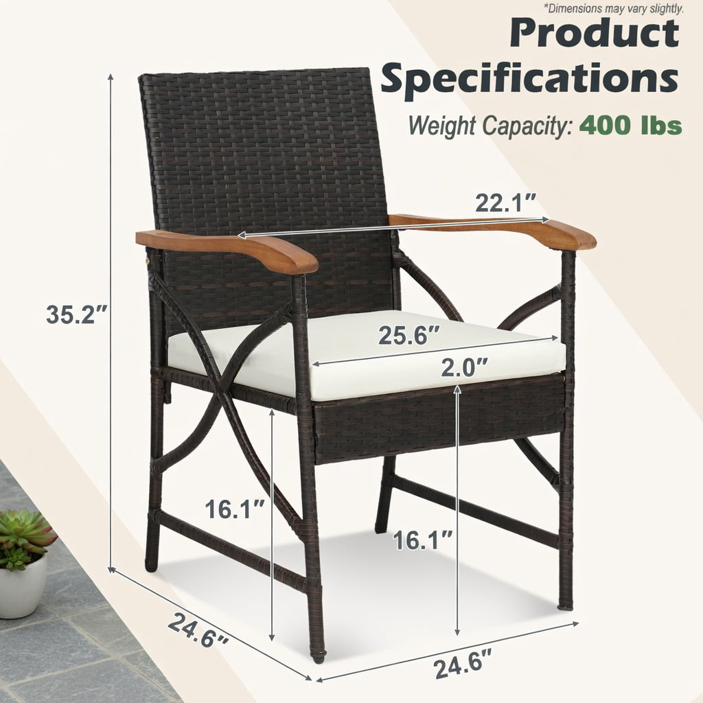 Hommoo Set of 4 Wicker Patio Chairs with Off-White Zippered Cushions, PE Rattan & Acacia Wood Outdoor Seating for Backyard, Poolside & Porch, Brown