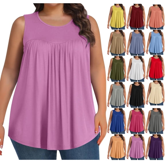 Jsaierl Tank Tops for Women Plus Size Summer Sleeveless Cami Shirts Casual Crewneck Pleated Tunic Top