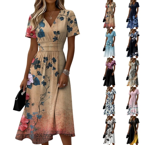 Women's V Neck Short Sleeve Dress Vintage Floral Print A Line Midi Casual Summer Outfit Flowy Lightweight Party Wear Vacation Going Out Chic Womens Dress Black L