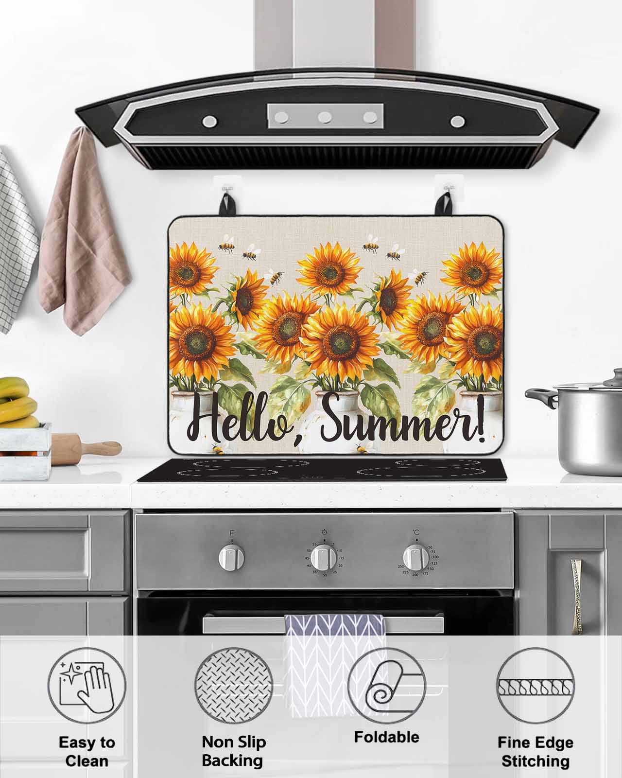 nqOlkjepod Large Induction Cooktop Protector Mat 31"x24", Sunflower Stove Top Covers for Electric Stove, White Bottle Yellow Floral Farm Summer Bee Stove Burner Cover Mats, Glass Top Stove Cover