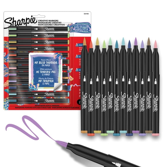 Sharpie Creative Markers, Earth Tones, Water-Based Acrylic Markers, Brush Tip, Assorted Colors, 12 Count