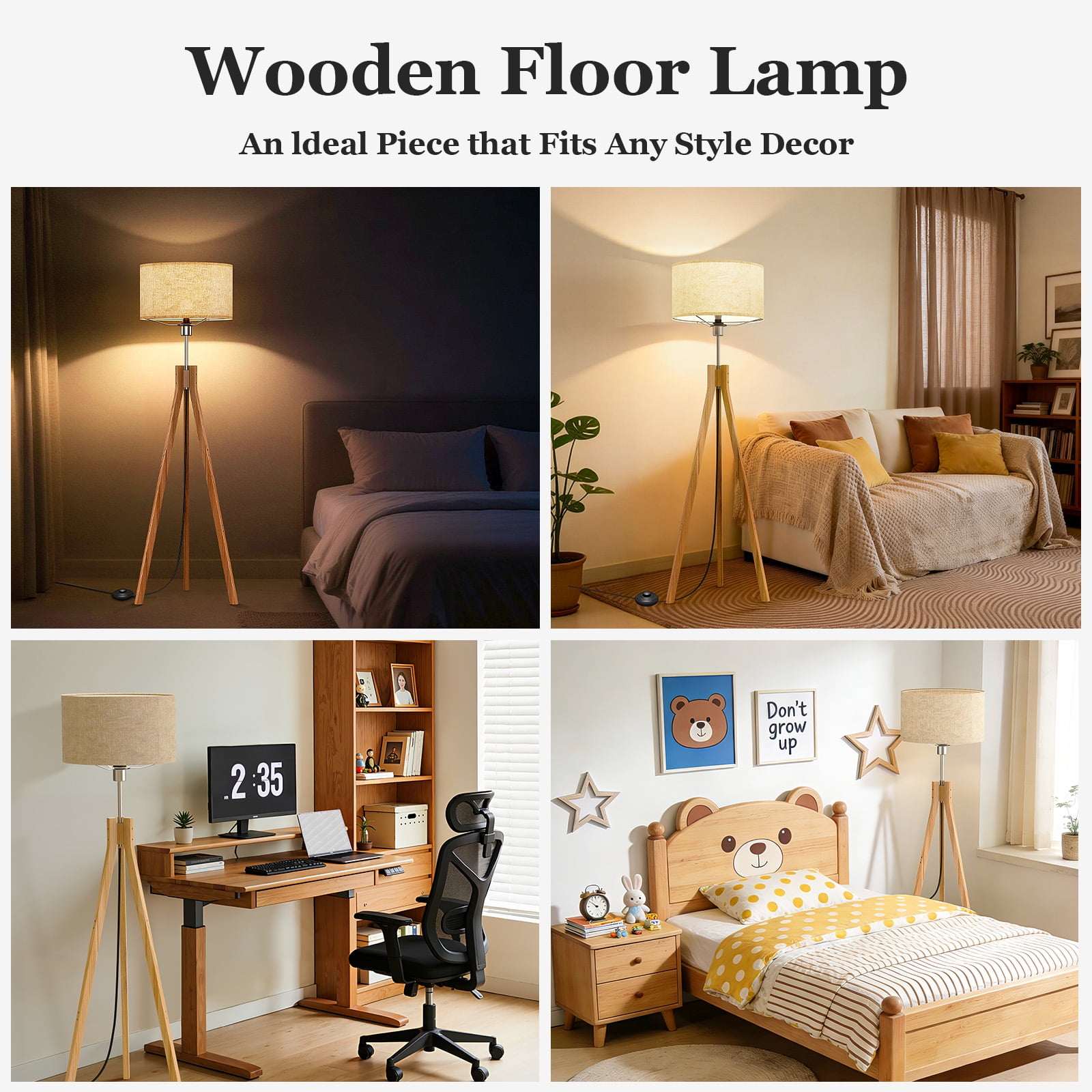 BLITZWILL Natural Wood Tripod Floor Lamp,Includes Light Bulb,E26 Base,LED Modern Dimmable Mid Century Standing Lamp,Flaxen Linen Shade,for Living Room, Bedroom, Office