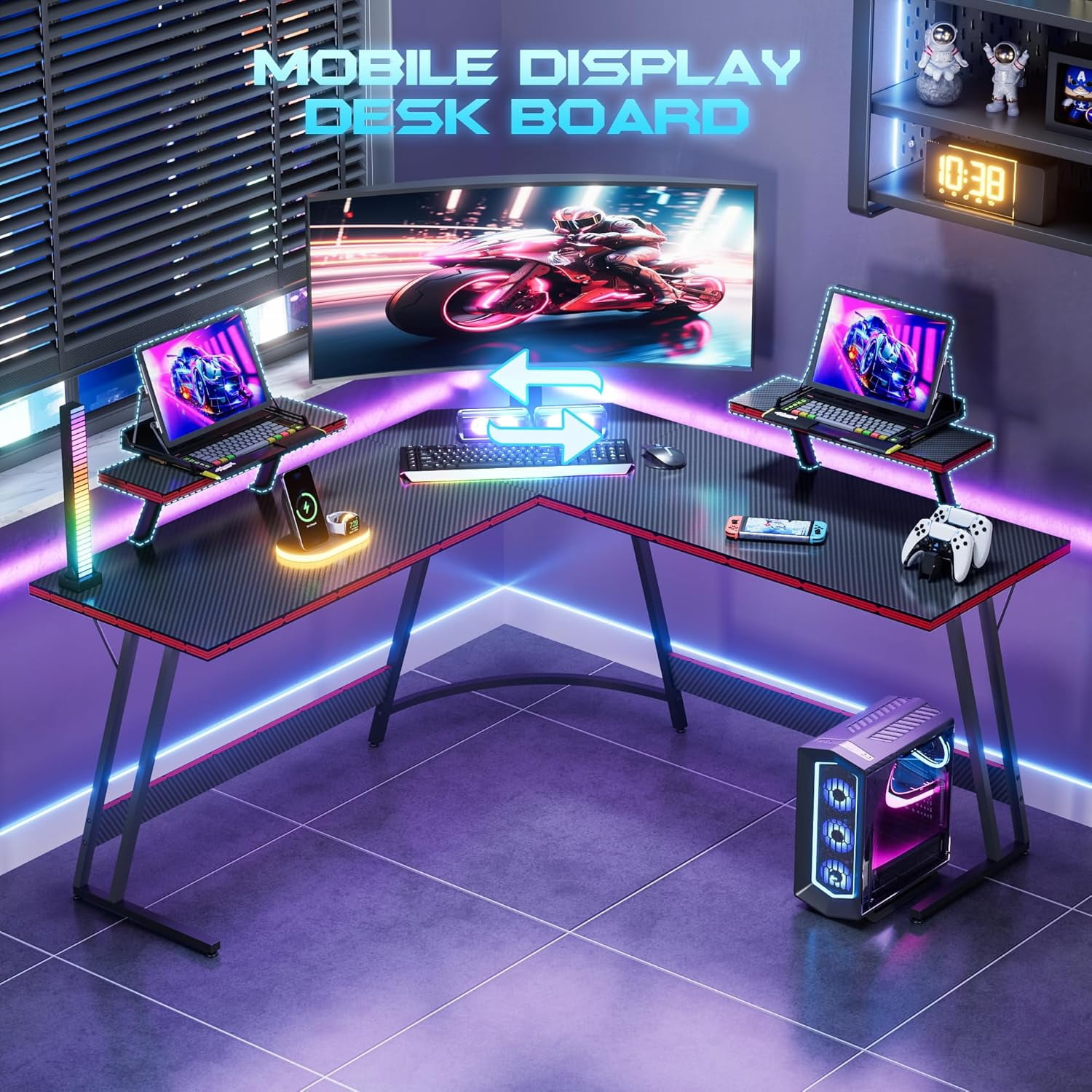 MorandiMal L Shaped Gaming Desk Computer Corner Desk PC Gaming Desk Table with Large Monitor Riser Stand for Home Office Sturdy Writing Workstation (Black, 51 Inch)