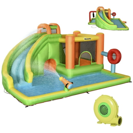 Outsunny 7-in-1 Inflatable Water Slide Kids Castle Bounce House Includes Slide trampoline Pool Water Cannon Ball-target Boxing Post Tunnel with Carry Bag Repair Patches 750W Air Blower