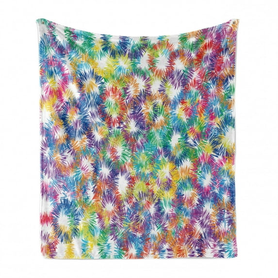 Modern Soft Flannel Fleece Throw Blanket, Rainbow Colorful Geometrical Abstract Image Fireworks Like White Backdrop Print, Cozy Plush for Indoor and Outdoor Use, 60" x 80", Multicolor, by Ambesonne