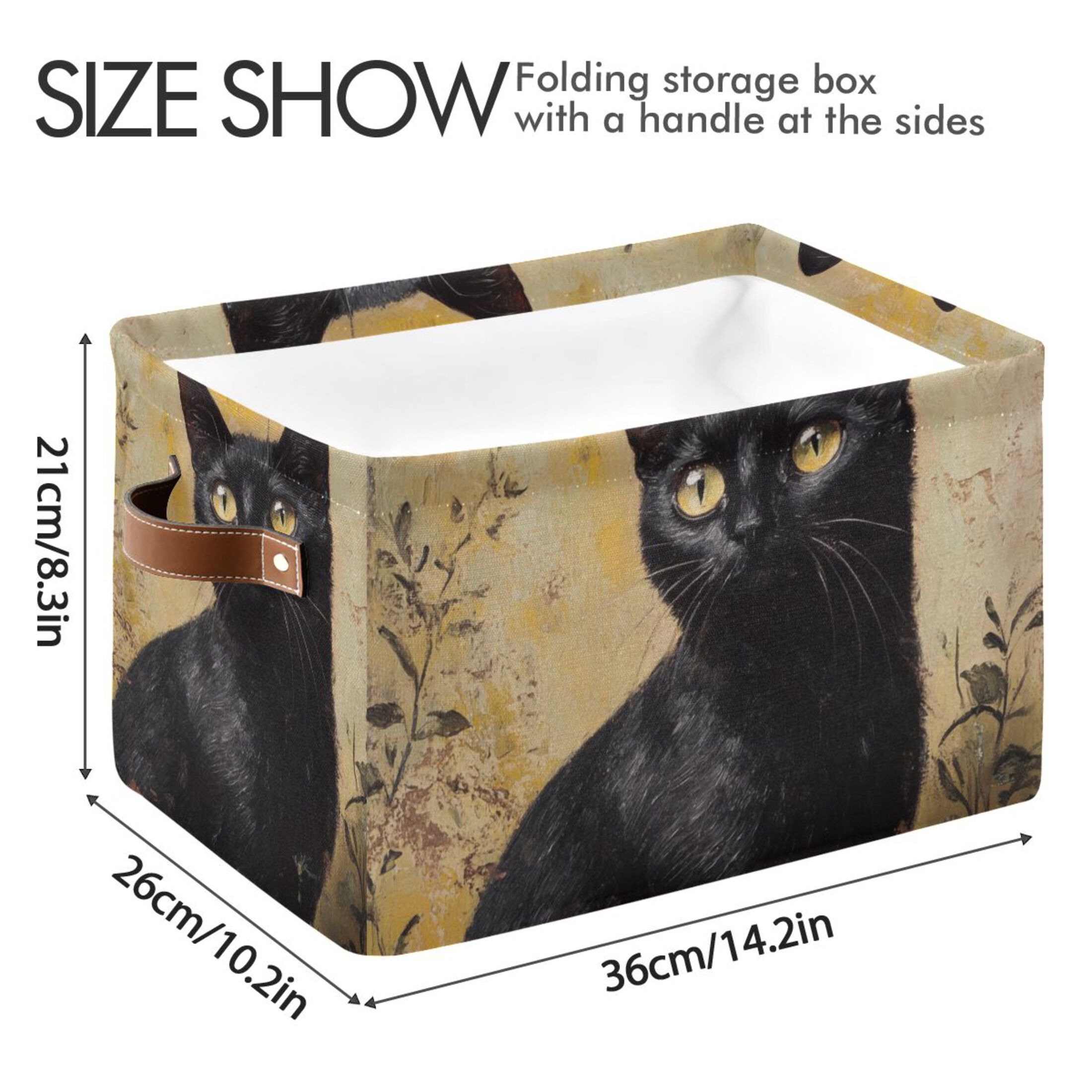 WOBOGO Black Cat with Oil Painting Style Square Storage Basket with Waterproof Canvas and PE Lining Durable PU Leather Handles 14.2×10.2×8.3in