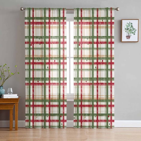 Green Red Checkered Sheer Curtains 63 Inch Length 2 Panels Set, Semi Transparent Voile Rod Pocket Curtains for Living Dining Room Bedroom Drapes Farmhouse Christmas Winter Striped