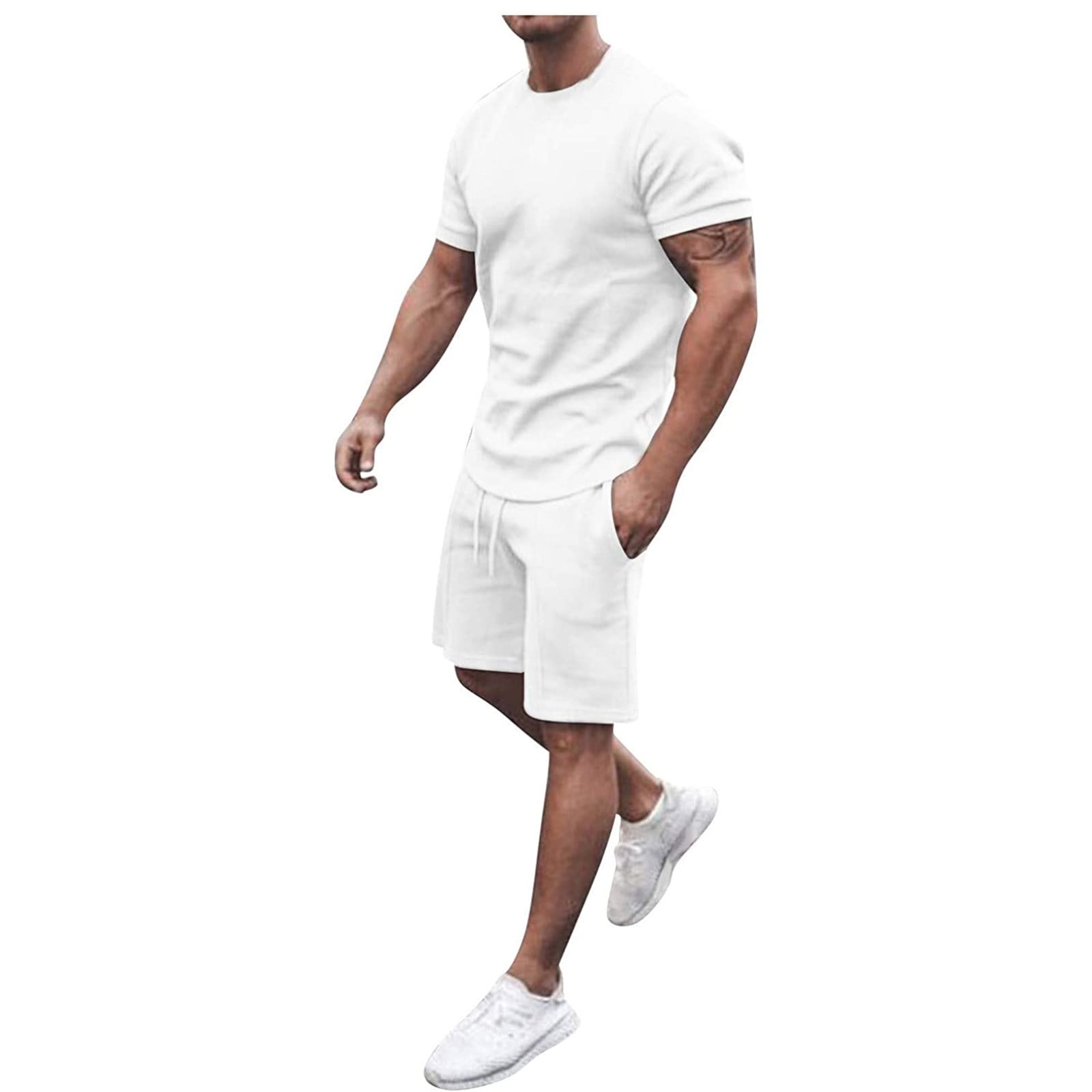 Men 2 Piece Outfits Summer Casual Crew Neck Muscle Long/Short Sleeve Tee Shirts and Classic Fit Sport Shorts Set Tracksuit 