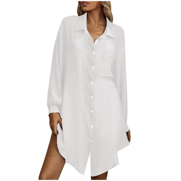 Women's Summer Solid Long Sleeve Mini Shirt Dresses Lapel Single-breasted Casual Loose Blouse Short Dress for Women