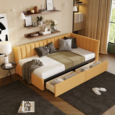 Sesslife Upholstered Daybed with Storage, Twin Size Linen Upholstered Sofa Bed Frame with 2 Drawers, No Box Spring Needed, Modern Twin Daybed for Bedroom Living Room, Yellow