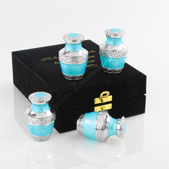 Keepsake Urns Small for Human Ashes Set of 4 | Mini Funeral Cremation Pot with Velvet Box | Cremated Remains Storage Container & Box (Turquoise Gospel Blue)