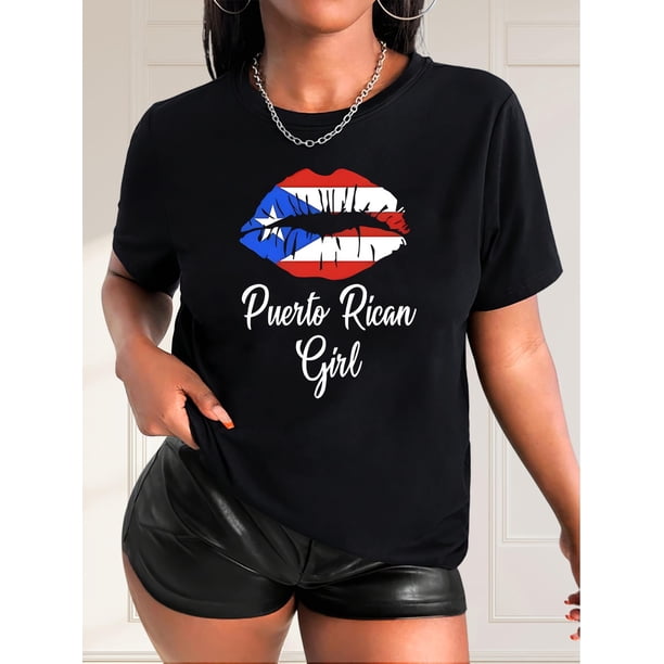 Women'S Casual Crew Neck T-Shirt with Puerto Rican Girl Graphic, Polyester Knit Fabric, Medium Stretch, Short Sleeve Tee for Spring/Summer/Fall