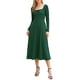 thumbnail image 2 of Vestido de Cuello Cuadrado Inspire Chic para Mujeres, Manga Larga, Corte A, Cintura Alta, Vestidos de Punto con Bolsillo, Verde Oscuro, 2 of 6