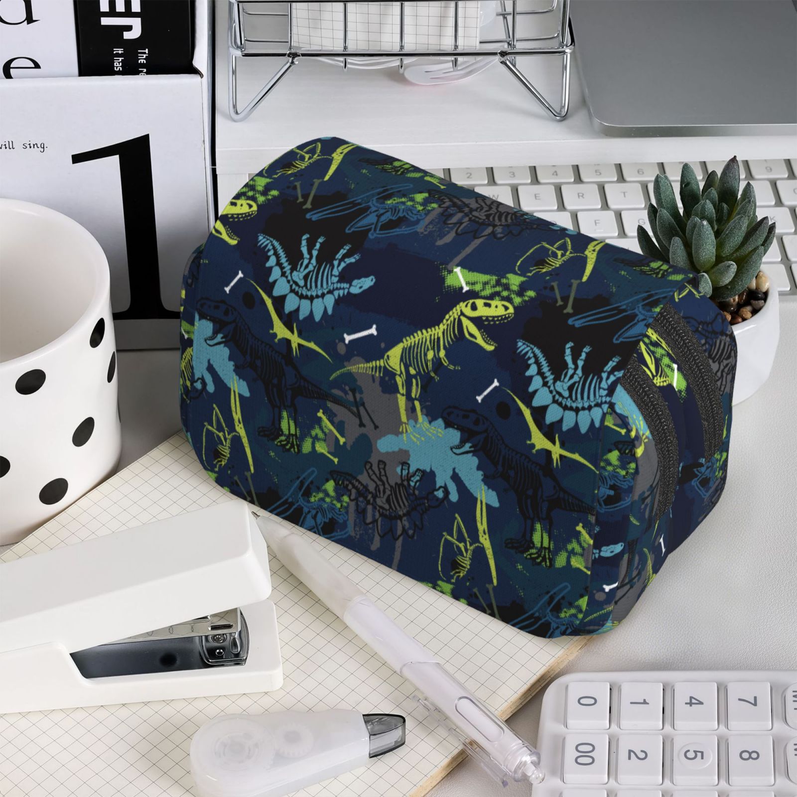 Rateoe Cartoon Dinosaur Pattern Double Clamshell Pen Case, Storage Organizer with Two Zipper Compartments– Holds Up to 50 Pencils & Pens