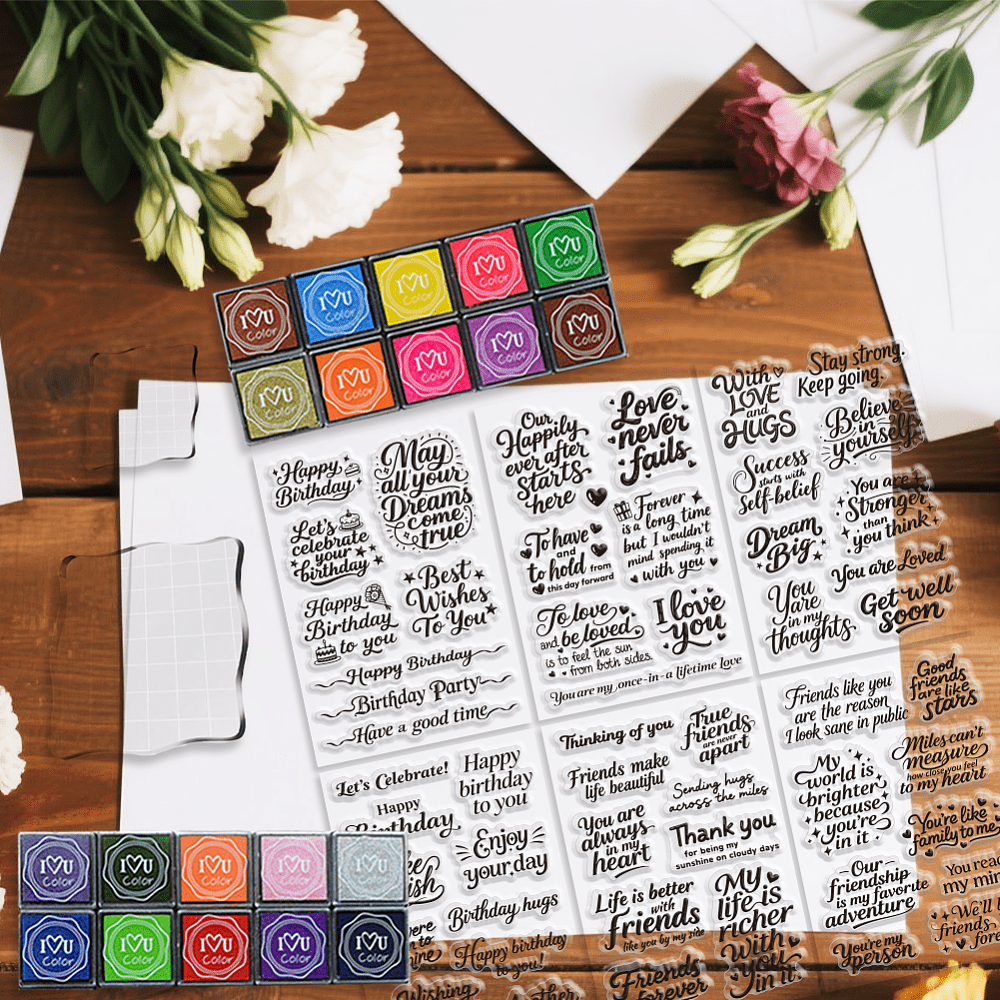 DIY Scrapbooking Stamp Kits including Acrylic Stamping Blocks Tools PVC Plastic Clear Stamp Plastic Craft Finger Ink Pad Stamps Set