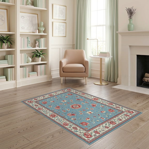 ODIKA 4'x6' Powder Blue Traditional Botanical Washable Area Rug Blooming Garden Leaf Spray Centered Symmetry Petal Motif for Bedroom, Reading Nook, Pet Friendly & Non-Shedding