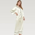 thumbnail image 6 of Women's Satin Pajama Set with Button-Up Long Sleeve Top and Wide Leg Pants with Contrast Trim - Medium, White, 6 of 7