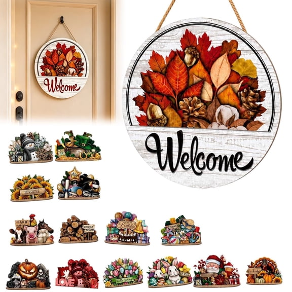 Interchangeable Welcome Sign for Front Door Every Season Decorations, Wooden Holiday Door Sign Wreaths Farmhouse Hanging Outdoor Seasonal Porch Decor Gift for Christmas Halloween