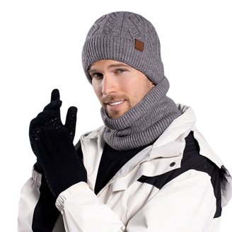 Women Knit Hat Scarf Gloves Set - Plush Beanie Neck Warmer  display picture 3
