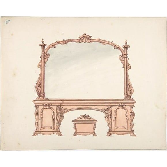 Design for a Mirrored Sideboard with Rococo Ornament, and Casket Poster Print by Anonymous, British, 19th century (18 x 24)