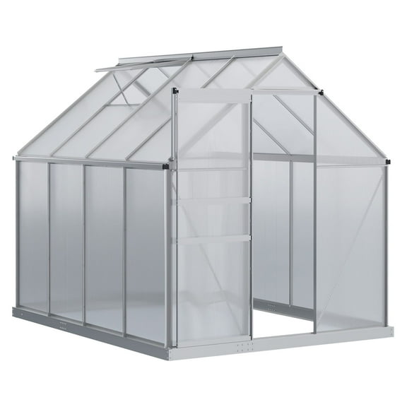 SAZYY 8'x6' Aluminum Polycarbonate Walk-in Greenhouse with Adjustable Roof Vent, Rain Gutter & Sliding Door, Winter Garden Greenhouse Kit, Clear