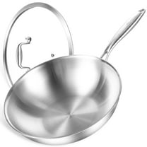 DELARLO Tri-Ply Stainless Steel Wok Pan With Lid 12 Inch Wok, Flat Bottom Wok, Wok for Induction Cooktop, Wide and Deep Stainless Wok
