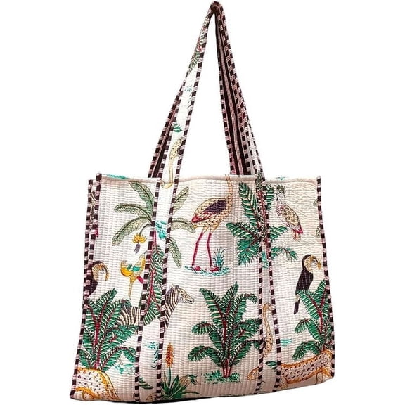 Women Handblock Lightweight Travel Bag Purse Cotton Shoulder Tote Bag For Shopping Grocery & Beach Bag