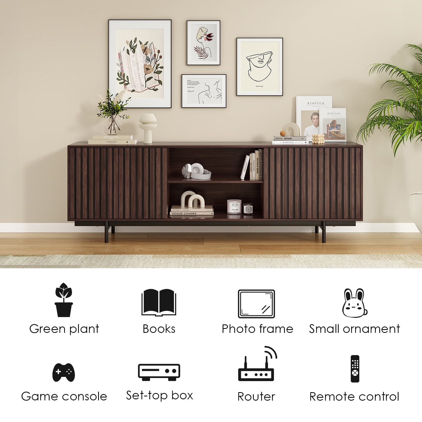Hommoo Mid Century Modern TV Stand Up to 75", Farmhouse Fluted TV Stand, Retro Wood TV Stand with Storage and Shelf, Entertainment Center with Pop-Up Doors for Home, Dark Walnut