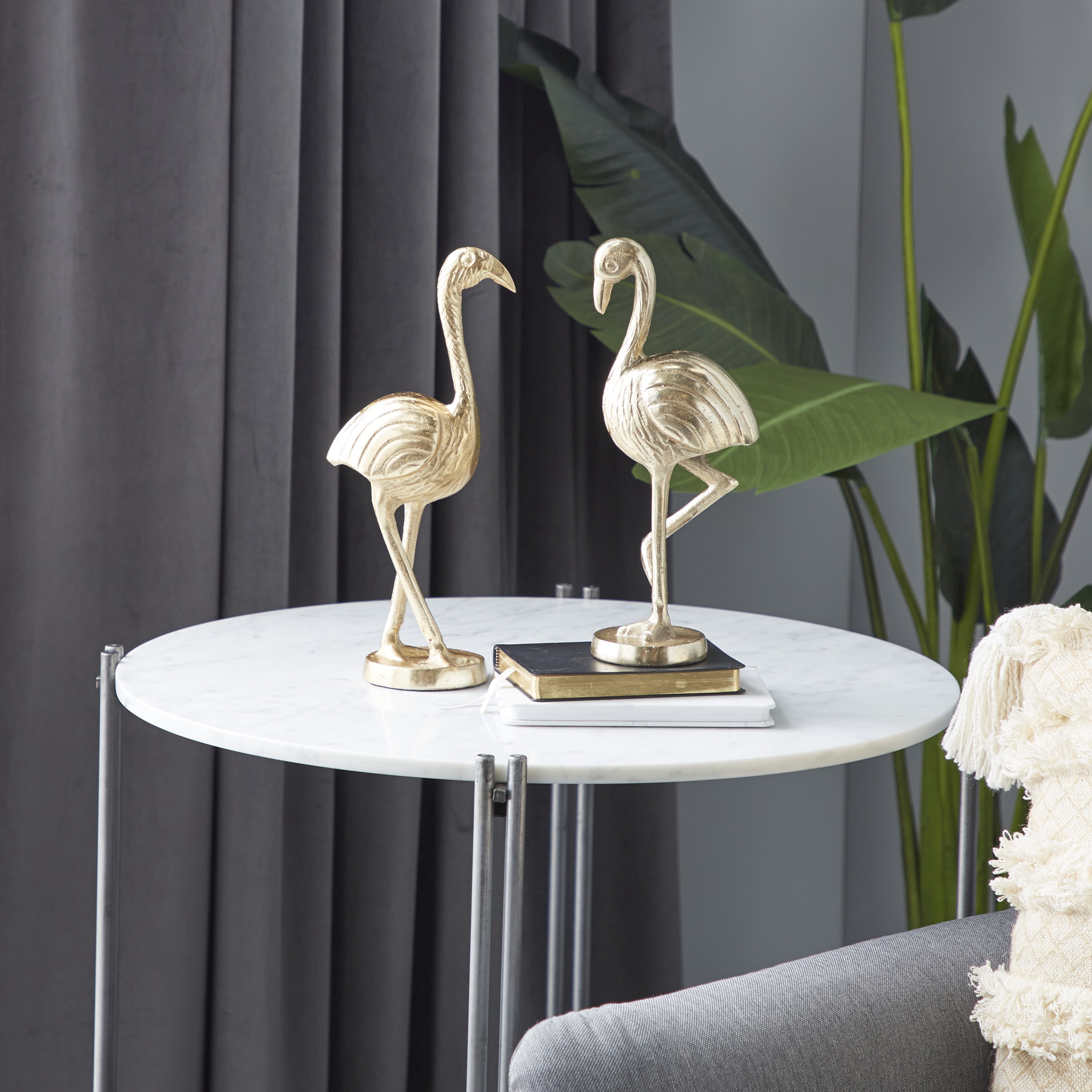 12", 12"H Gold Aluminum Flamingo Sculpture, by DecMode (2 Count)