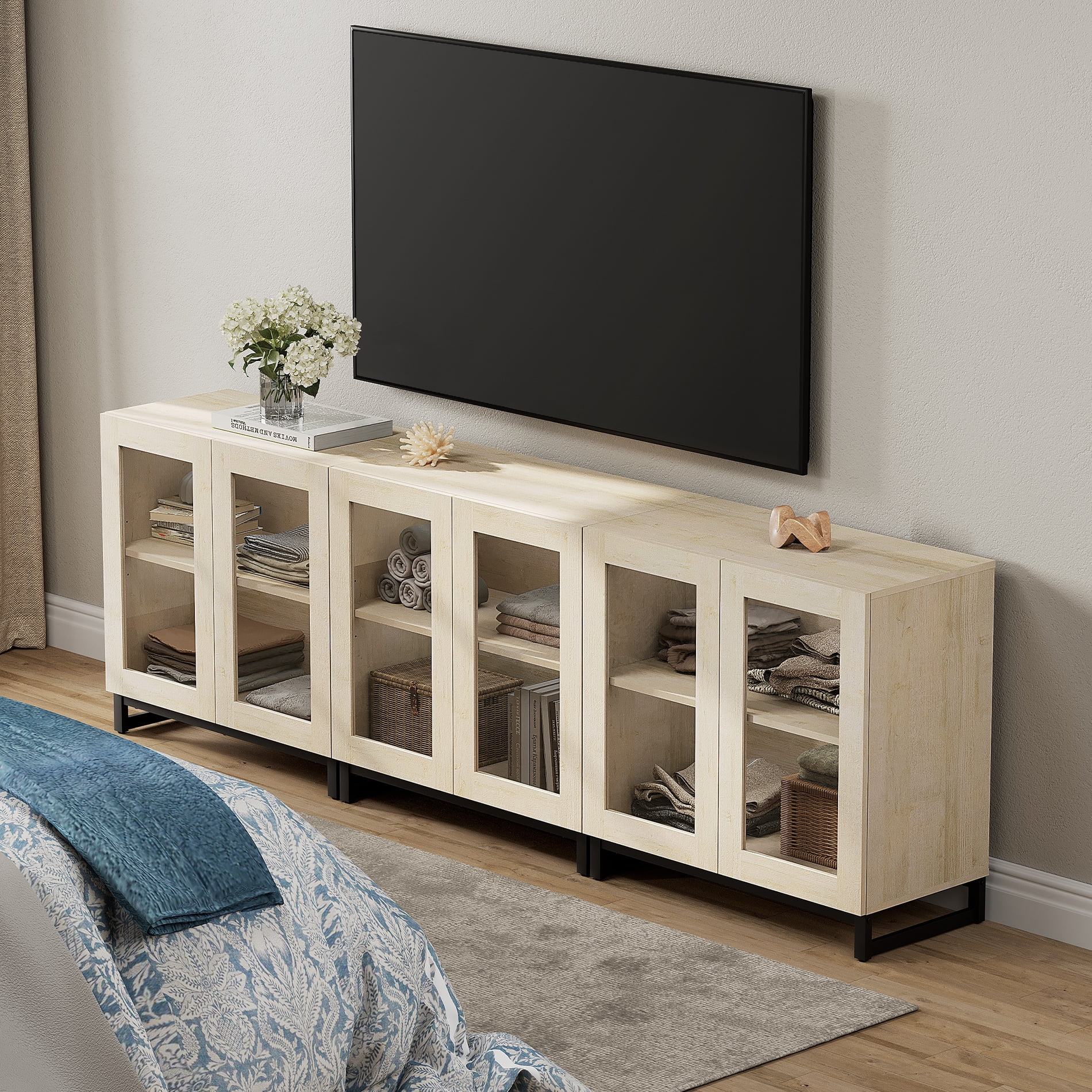 Modern Entertainment Center TV Console with Adjustable Shelves and Glass Doors, Home Media Furniture for 110 Inch TVs, Perfect for Living Room Use,Beige