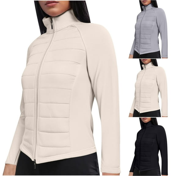 Puffer Jacket for Women Slim Fit Zip Up Coat Casual Fall Winter Warm Stand Collar Quilted Outerwear