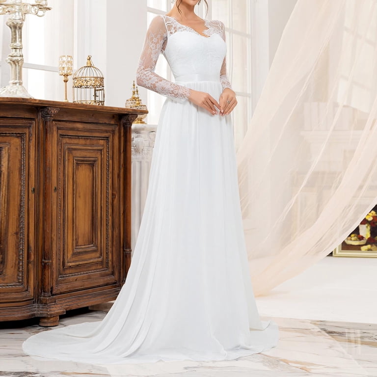 chinese dress ladies Wide v neck long sleeve lace underlayer embroidered hem a line wedding gown  GLGL3653 – smcfashion.com main image 0