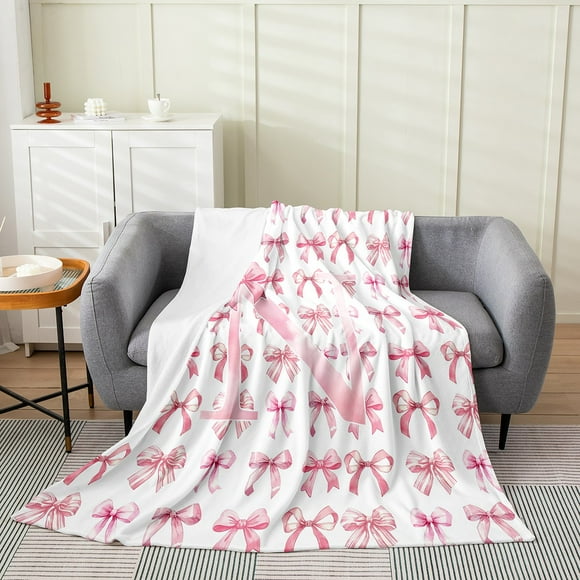 Erosebridal Personalized Initial Sherpa Blanket 50x60,Pink Bow Fuzzy Blanket Throw,Bowknot Letter Throw Blanket for Couch,Ultra Soft Kawaii Bedroom Decoration