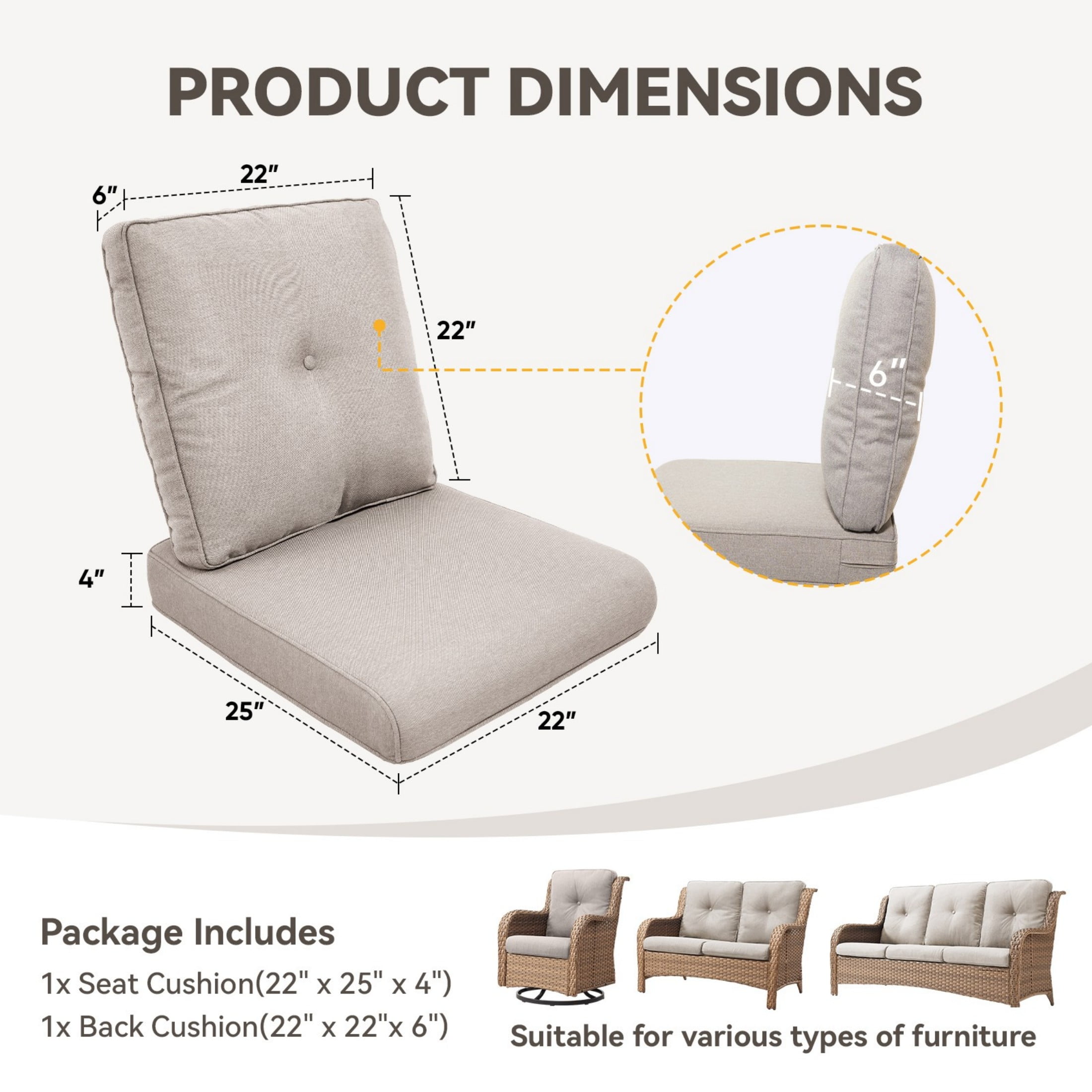 Unnifurnzi Outdoor Deep Seat Cushions-22 x 25 x 4 Inch Outdoor Furniture Cushion with Water Resistant & Removable Cover Outdoor Chair Cushion for Patio Furniture Sofa Couch-Beige
