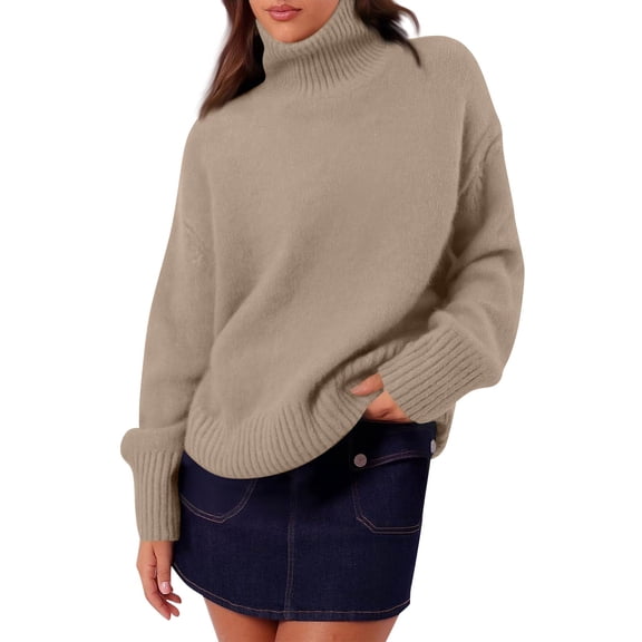 Sweaters for Women Turtleneck Sweater Women Chunky Sweater Women Womens Turtleneck Long Sleeve Sweater Fall Trendy Loose Fit Casual Tops Chunky Knit Pullover Sweaters, Khaki-M