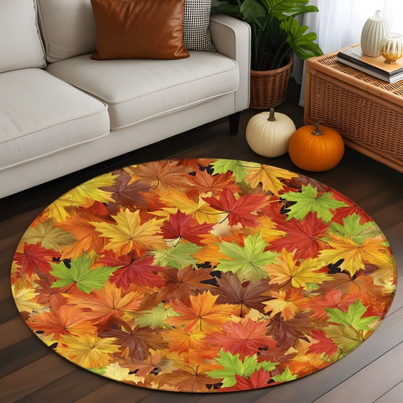 Thanksgiving Fall Round Area Rug 4 FT, Non Slip Indoor Outdoor Rug, Autumn Green Orange Red Maple Leaves Washable Soft Circular Carpet Non-Shedding Floor Mat for Coffee Table Nursery Foyer Balcony