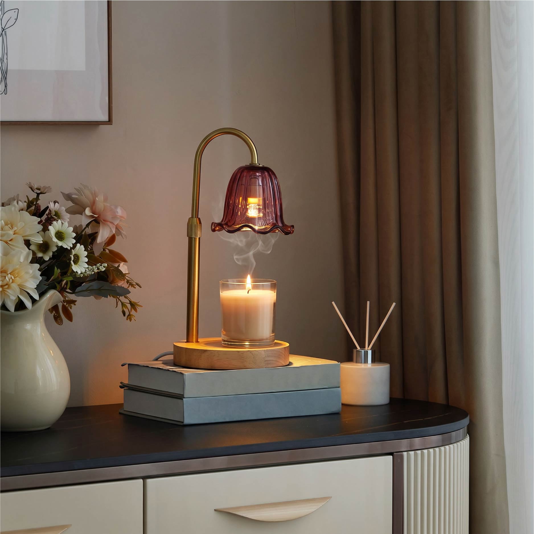 Stylehouse Home Decor Collection Pink Flower Glass Shaded Candle Warmer Lamp with Adjustable Dimmer and Timer