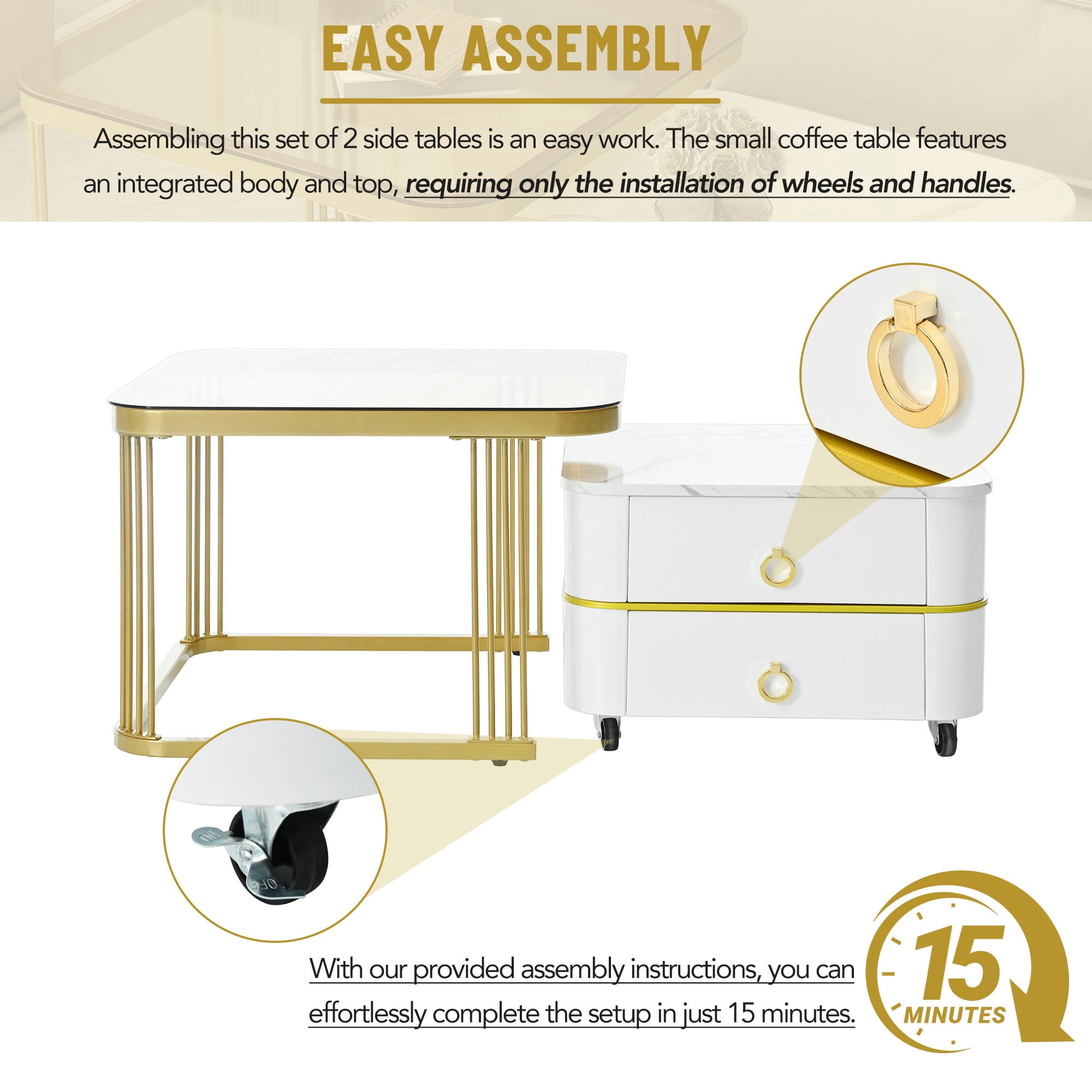 PORKISS 2-in-1 Nesting Coffee Table, Modern Square Coffee Table with Wheels and Drawers, Small Stacking Coffee Table with High Gloss Marble Grain Top and Tempered Glass for Living Room, White/ Gold