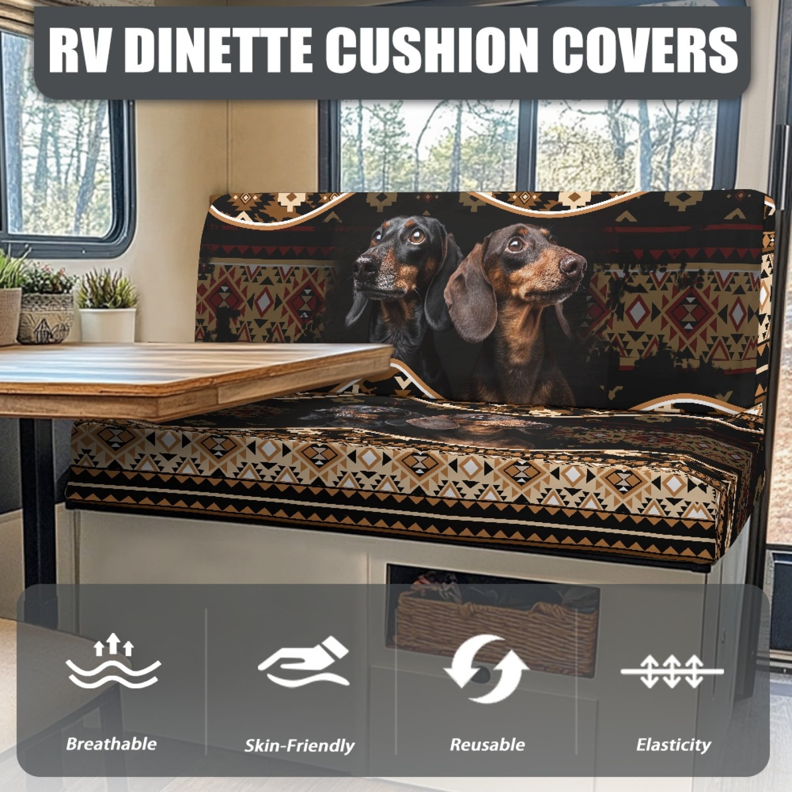 Kuiaobaty RV Dinette Cushions Covers Camper Cushion Slipcovers with 1 Backrest Cover & 1 Bench Cove for RV Sofa Slipcovers Accessories, American Tribal Dachshund Dog Pattern
