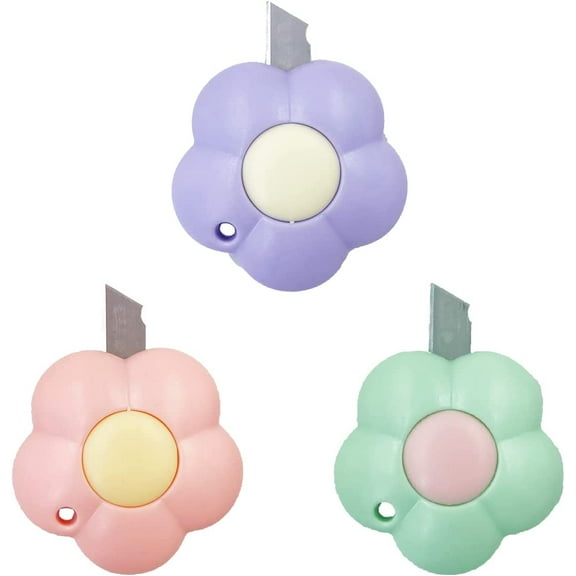 Cute Retractable Box Cutters, 3Pcs Flower Shaped Mini Art Cutter Utility Knife Sharp Cartons Cardboard Cutter Razor Knife Smooth Pointed Mechanism for Office and Home Use (flower)