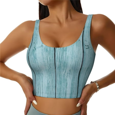 Qokaie Turquoise Wooden1 Pattern Womens Scoop Neck Sports Bra Breathable Workout Vest Padded U Back Medium Impact Fitness Gym Yoga Bra Workout Crop Top-