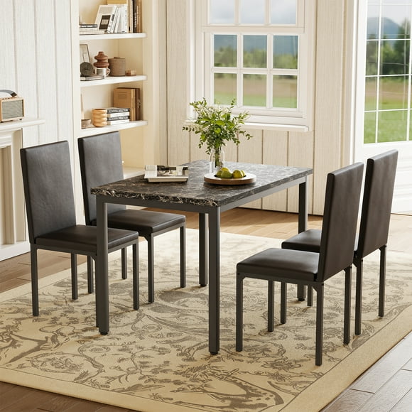 Comedor para 4 Personas con Sillas de Metal y Mesa de Mármol Sintético Laminado – Moderno y Compacto