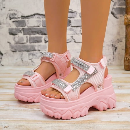 

ZHELIYO Women s sandals Women Summer Buckle Strap Solid Rhinestone Casual Open Toe Square Heels Comfortable Beach Shoes Sandals Pink 7.5