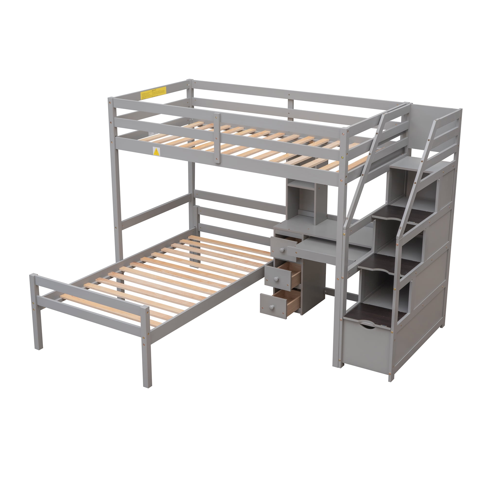 Euroco Wood Twin Size Bunk Loft Bed with Desk, Drawers and Shelf for Bedroom, Gray
