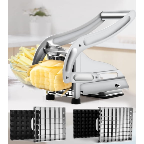 French Fry Cutter with 2 Blades, Professional Potato Cutter Stainless Steel, Potato Slicer French Fries, Press French Fries Cutter for Potato