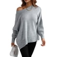 thumbnail image 2 of hirigin Women Autumn Loose Knitwear, Solid Color Long Sleeve Round Neck Slit Hem Elegant Sweater, 2 of 9