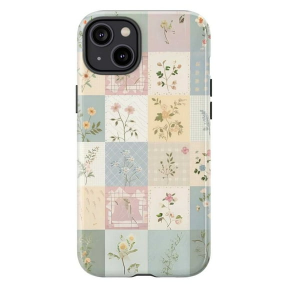 Floral Patchwork iPhone Case, Vintage Garden Flowers in Pastel Colors, Soft Spring Aesthetic Phone Cover Gift, Fit iPhone 16 15 14 13 12 11 Pro Max Mini