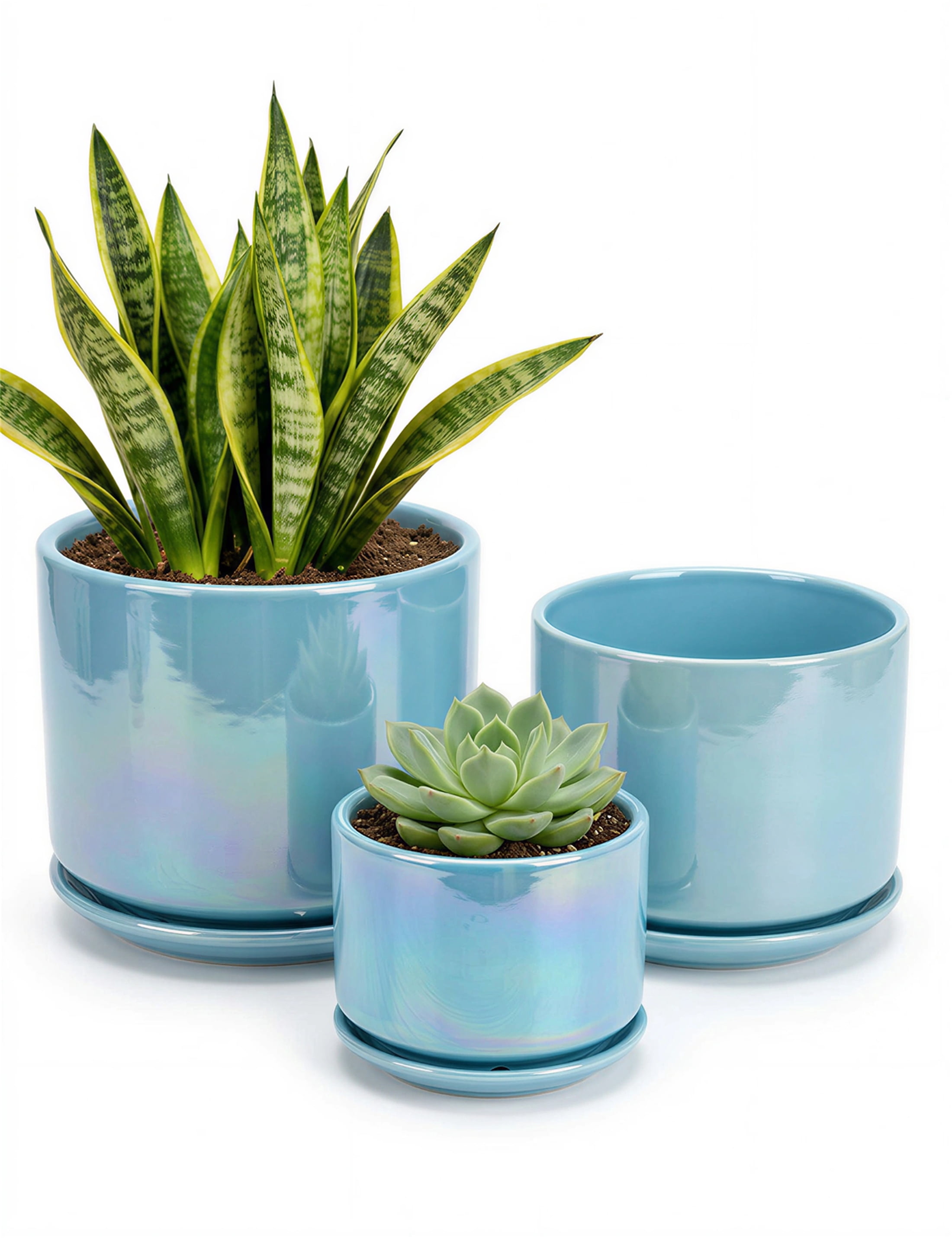 BUYMAX  Plant Pots, 4+5+6 Inch Pots for Indoor Plants,Ceramic Planter Pot with Drainage Hole,Flower Pots for Succulent Cactus,Set of 3 - Rainbow Pearl Glaze Blue